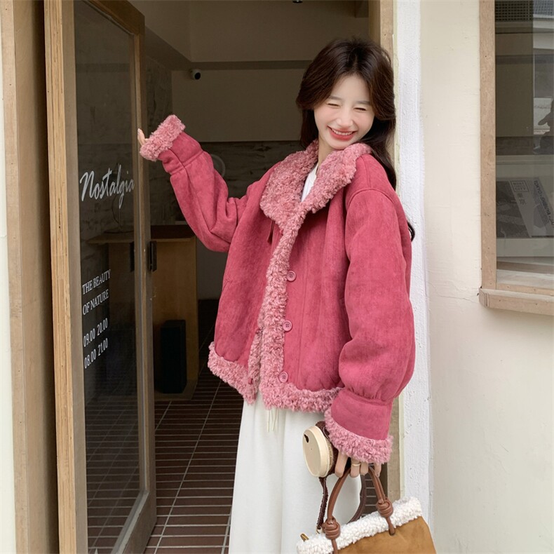 现货火龙果色加厚羊羔毛外套2C117-1828P215K318,女装短外套,2C117