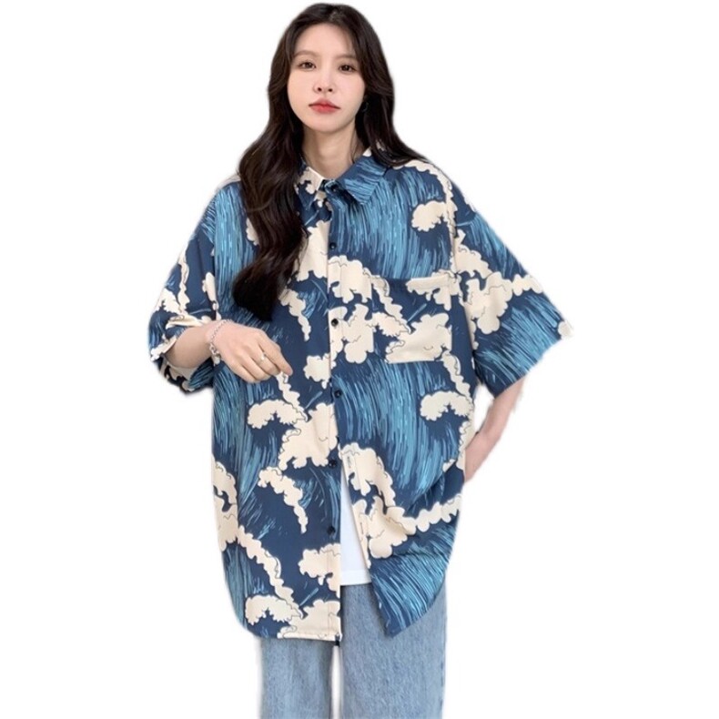 复古港味宽松印花短袖衬衫女夏季ins潮流沙滩衬衣百搭休闲上衣服,男装T恤,星座506A