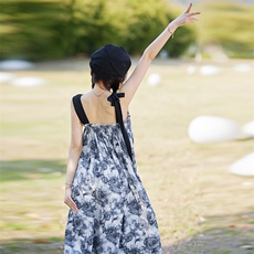 【新款现货】水墨印花两面穿AB撞色肩带连衣裙P90K138，女装连衣裙，2C333