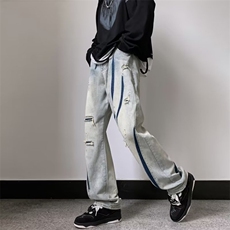 美式牛仔裤男春秋新款休闲直筒裤破洞补丁牛仔裤N239P43，男装牛仔裤，星座1116-2