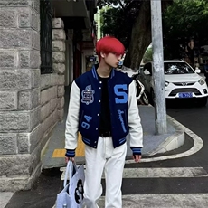 W500-P75春秋新款龙凤尼拼皮袖毛巾绣休闲棒球服夹克外套男女，男装夹克，星座911-1