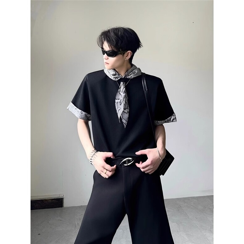 蛇纹卷边拼接t恤男款夏季小众丝巾设计感短袖美式高级感垫肩半袖图片