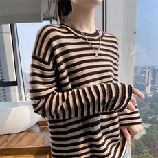 秋冬新款圆领条纹拼色100%纯羊毛衫女宽松慵懒羊绒衫上衣打底毛衣，女装羊毛衫，琳华羊绒