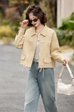 2025春季新款韩版休闲翻领短款皮衣抽绳外套女宽松百搭夹克上衣潮，女装皮衣，潮流依族