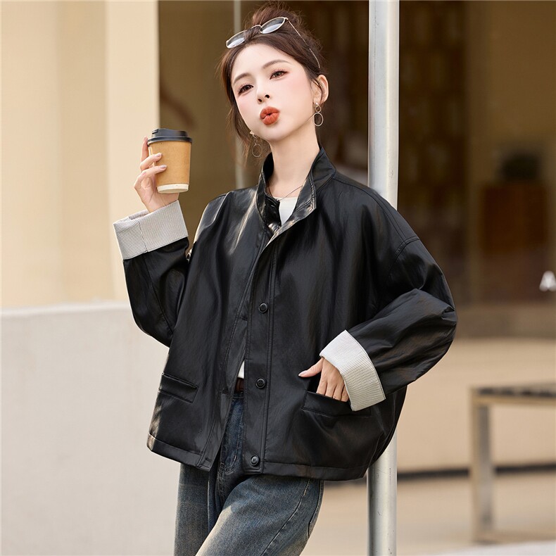 复古立领宽松皮衣外套女2025秋冬季新款休闲百搭显瘦pu皮夹克上衣,女装皮衣,牡丹诺