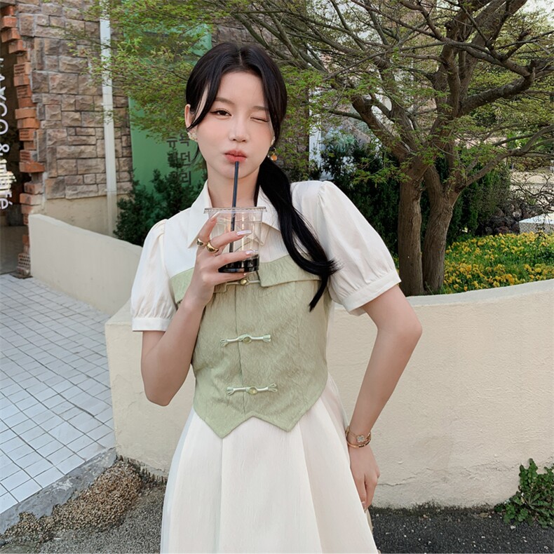 现货新款夏装2024年新中式假两件洋气减龄小个子显瘦连衣裙,女装连衣裙,乔米娜