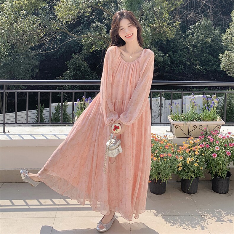 粉色韩版温柔风碎花连衣裙女2025年春季新款宽松显瘦印花气质长裙,女装连衣裙,灵力轩