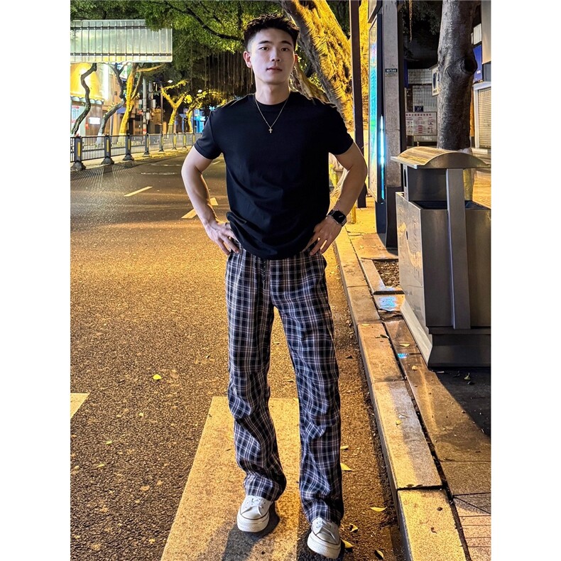 经典格子裤男秋夏薄款褶皱设计感撞色裤宽松显瘦长裤MK773P38,男装休闲裤,星座1013-5