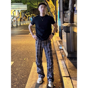 经典格子裤男秋夏薄款褶皱设计感撞色裤宽松显瘦长裤MK773 P38图片