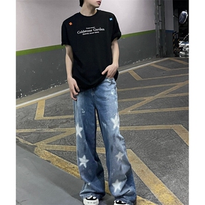 美式复古做旧油漆涂鸦牛仔裤子设计感五角星印花阔腿拖地裤-N609图片