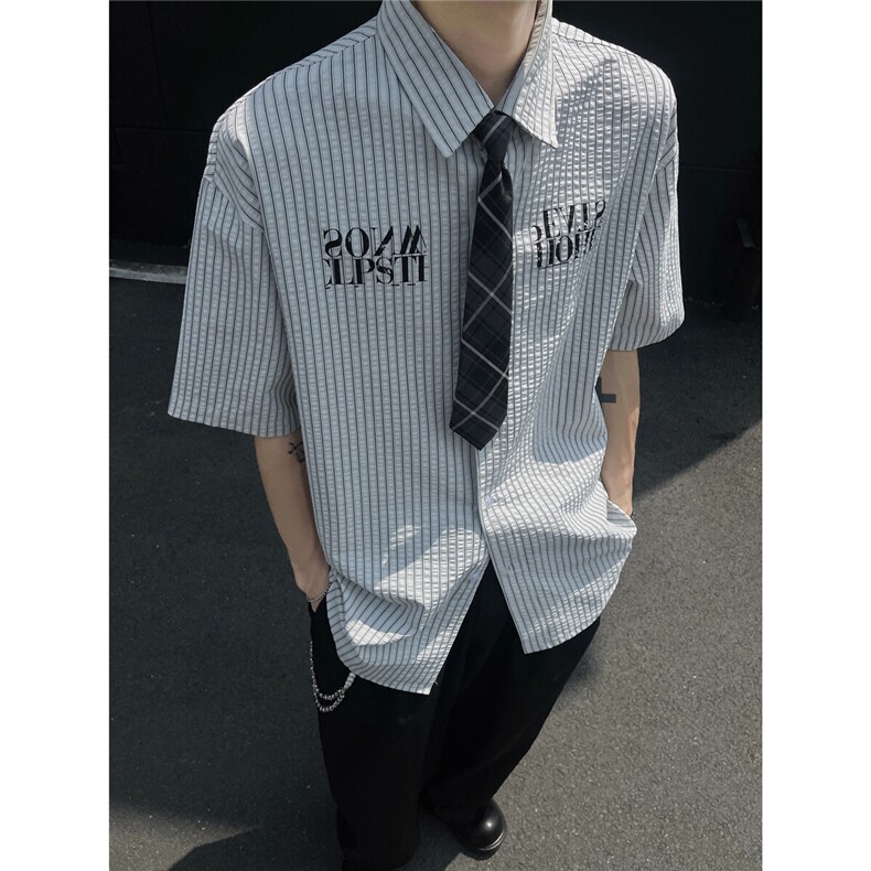 2025夏季新款学院风泡泡棉条纹领带短袖衬衫男上衣CS2501-p45控68,男装T恤,星座216(原A116)