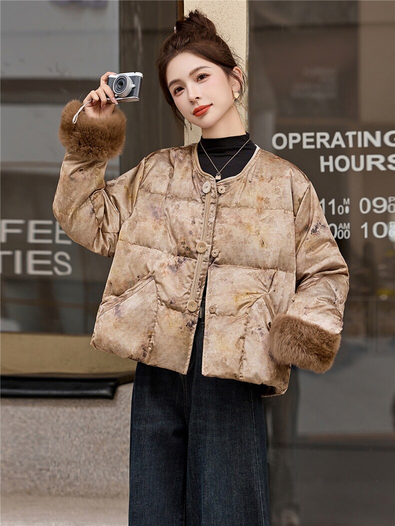 新中式90提花羽绒服2025年冬季新款高级感优雅气质白鸭外套,女装羽绒服,玖莱伊
