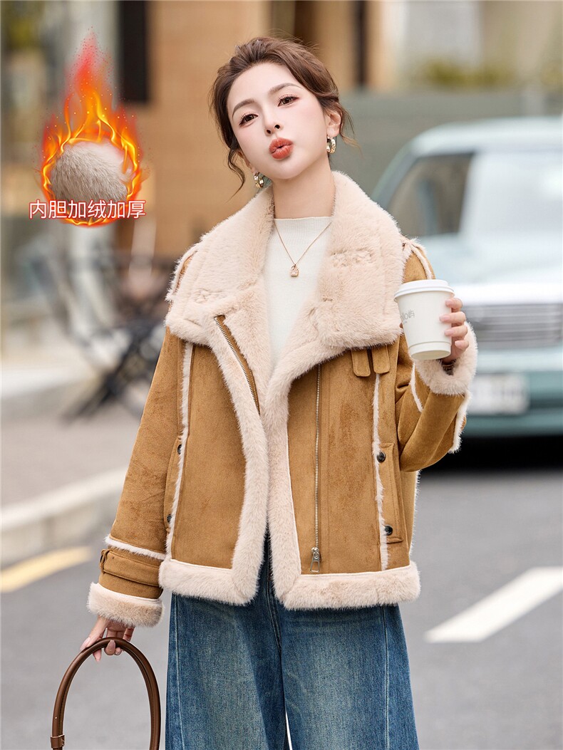 皮毛一体短外套女2025年秋冬新款韩版百搭时尚立领加厚毛绒机车服,女装羊羔毛/颗粒绒,拾衣