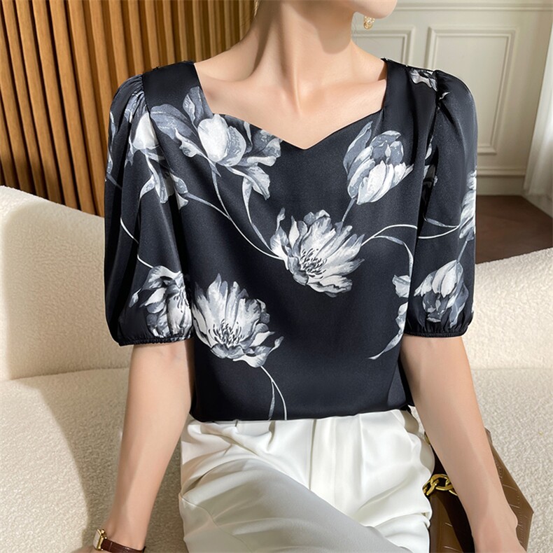 夏季新款醋酸真丝绸棉印花短袖女宽松百搭半袖T恤内搭打底衫上衣，女装衬衫，朝贺羊绒
