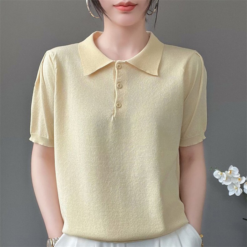 肌理感弹力白搭显瘦POLO领鎏金纱天丝针织短袖女气质纯色翻领上衣,女装T恤,暖姿羊绒