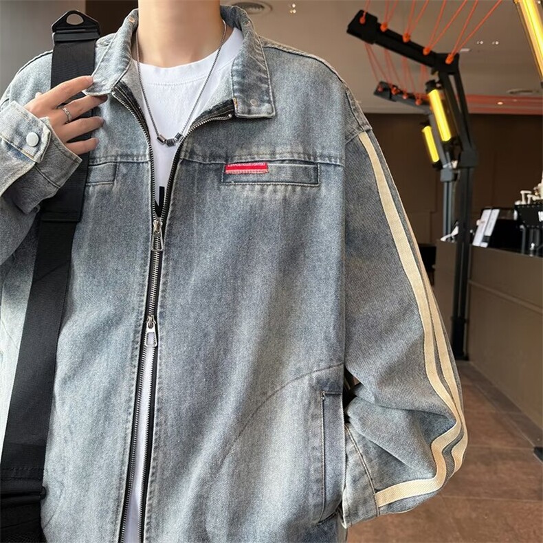 拼接立领牛仔外套男春秋季宽松痞帅上衣vibe水洗拉链夹克J2228,男装工装外套,星座1116A-1（原606A）