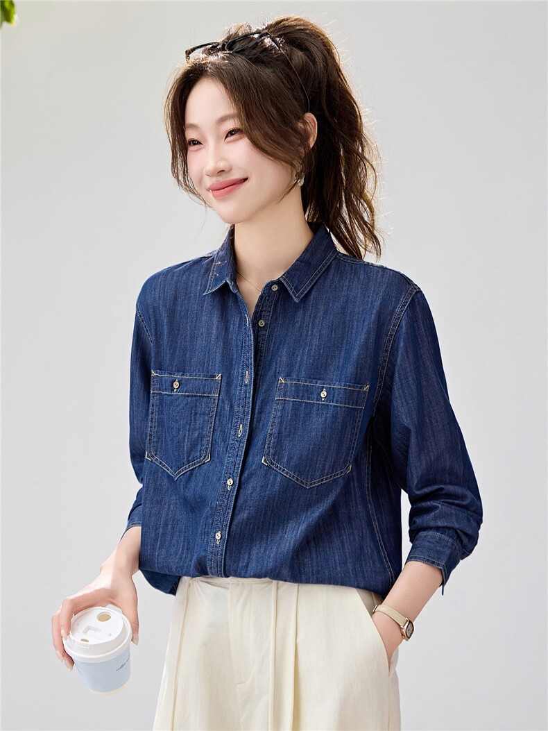 2026早春新款复古蓝牛仔衬衫女宽松显瘦双口袋衬衣百搭叠穿韩系,女装衬衫,艾米