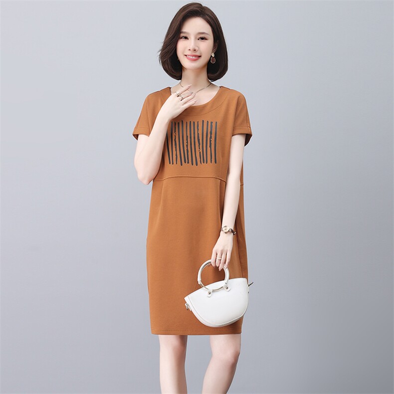 夏装短袖休闲宽松连衣裙女2023新款时尚妈妈装显瘦遮肚长款T恤裙,女装连衣裙,忆绮罗