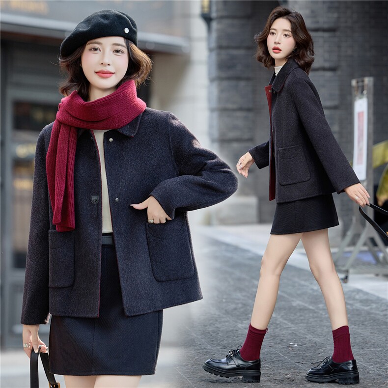时尚撞色双面绵羊毛外套女2025秋冬新款宽松显瘦气质翻领毛呢大衣，女装双面呢大衣，沁沁公主
