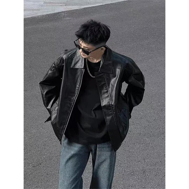 黑色pu皮衣外套痞帅cleanfit机车服夹克美式短款上衣Y1023P68网图,男装夹克,电商B245
