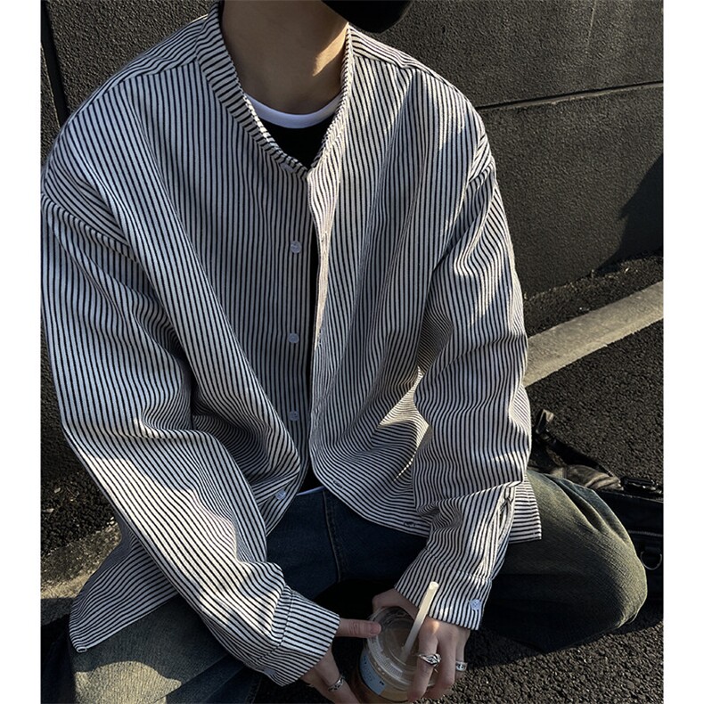2025春季新款立领衬衣条纹长袖衬衫F6602特P45控68,男装衬衫,电商A309