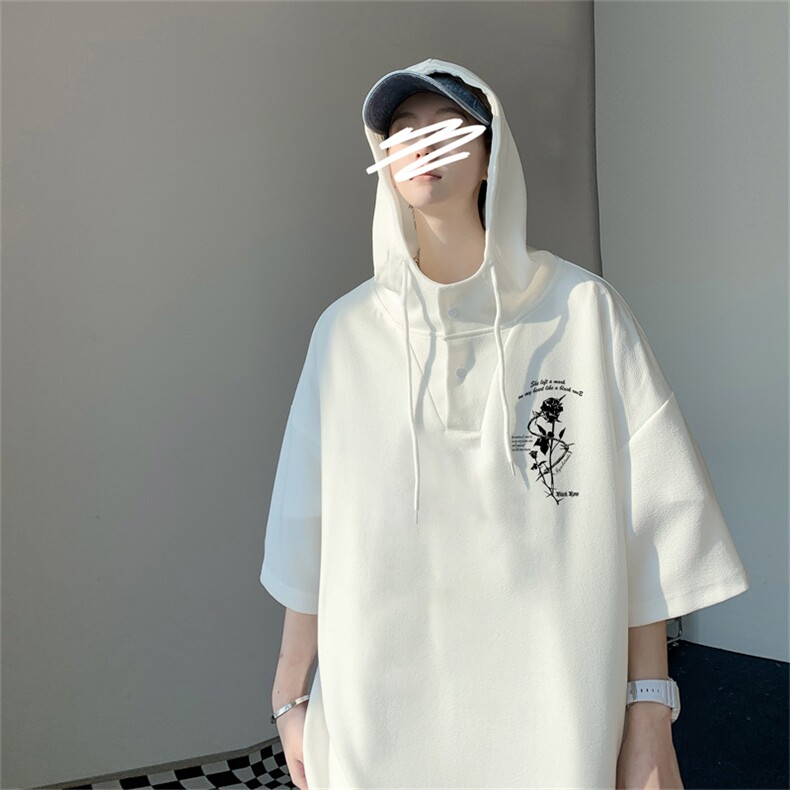 夏季港风冰丝宽松连帽短袖t恤五分体恤上衣TLM420-P40控58,男装T恤,电商B370