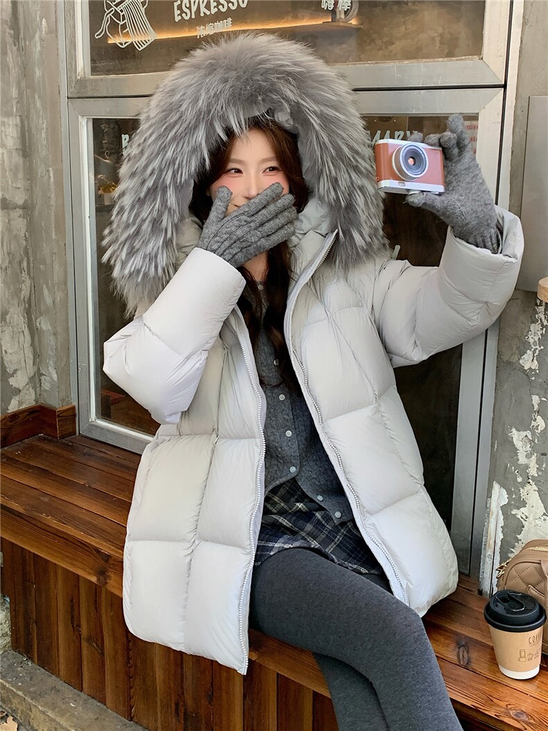现货主推2025新款加厚冬装90白鸭绒中长款真毛领羽绒服女,女装羽绒服,时尚风爆