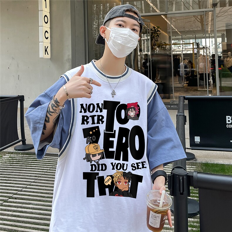 ！港风23夏时尚卡通印花假两件背心100棉短袖T恤T6615P40控58图片