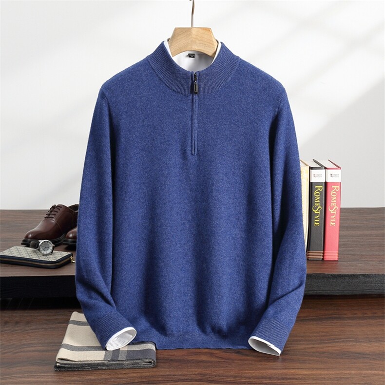 秋冬季35%羊绒休闲商务简约百搭虚提拉链半开羊绒衫男装，男装羊绒套衫，纳丰羊绒