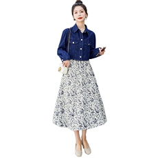 时尚牛仔外套高级感穿搭套装碎花连衣裙女早春季洋气质两件套，女装套装/套裙，悠米