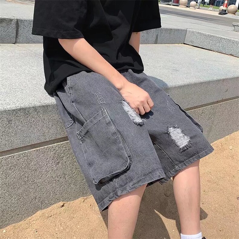 夏季工装牛仔裤男港风潮牌痞帅阔腿休闲裤潮流宽松短裤DK153-p40,男装牛仔裤,星座1008-2