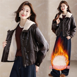 现货！现货！加绒加厚皮衣女2025冬季新款羊羔毛翻领棉衣棉服图片