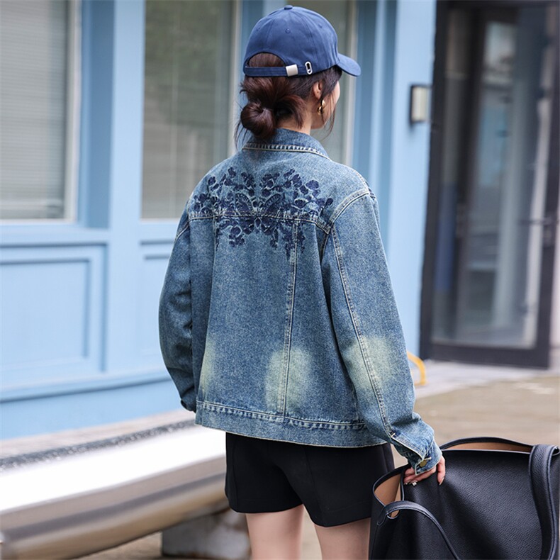 复古牛仔外套女工装风夹克2024秋新港风款宽松显瘦百搭短款上衣潮，女装牛仔外套，江南女神