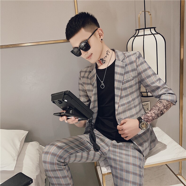 夏季新款格子西装套装社会小伙西裤小西服俩件套A328-1921-P135,男装西服套装,星座406