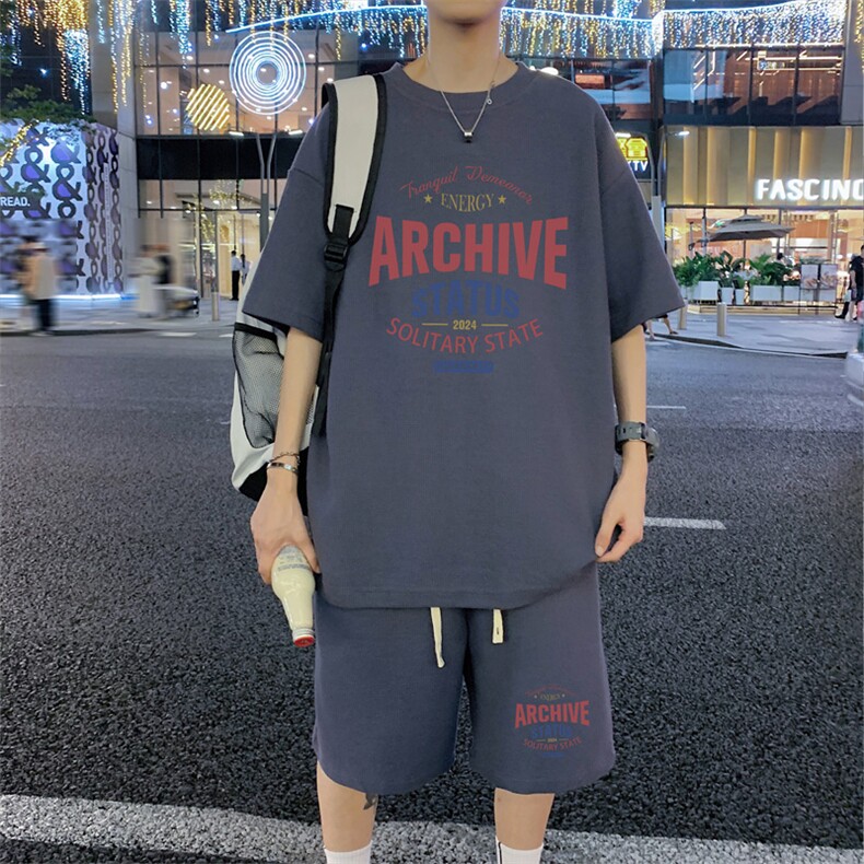 ！2025夏季新款男士华夫格短袖T恤套装学生一套HTZ80P50,男装T恤,电商B220