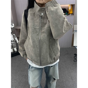 美式新款复古扎染PU皮立领皮衣夹克痞帅宽松百搭情侣外套JK071图片