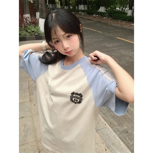 抖音得物品质二开240克宽松纯棉美式潮牌插肩三杠织带短袖T恤图片