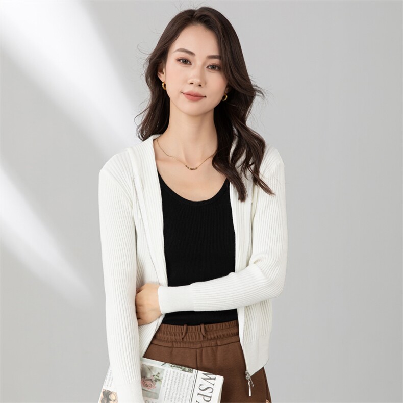 2024秋冬新款连帽拉链针织开衫女修身显瘦软糯亲肤外套百搭,针织衫/毛衣,春韵羊绒