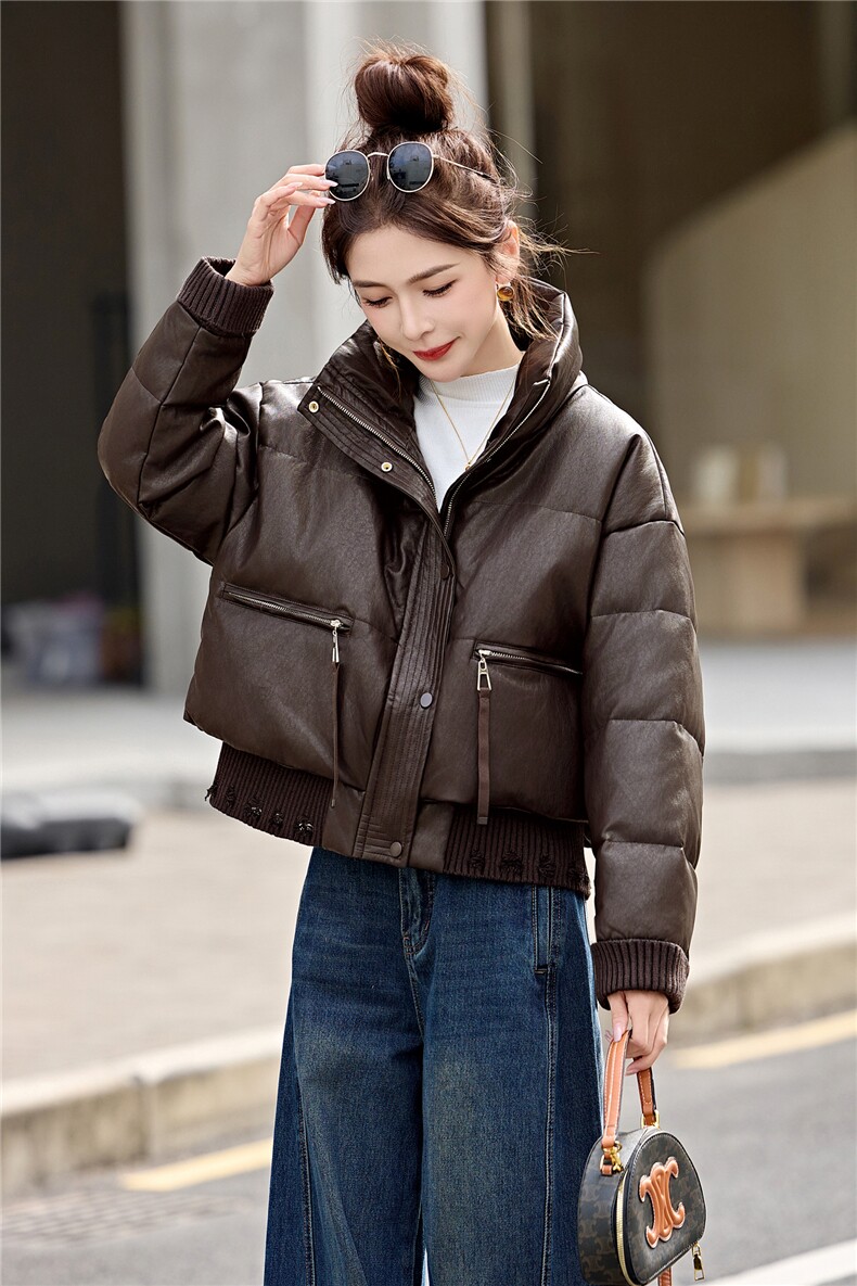 小个子短款PU皮羽绒服女2026年冬装新款白鸭绒洋气时髦免洗外套潮,女装羽绒服,意芙