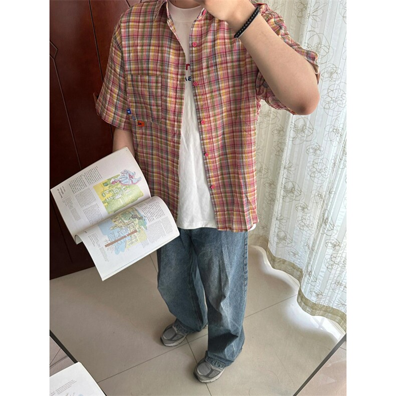 复古格子短袖衬衫男夏季宽松潮流小众休闲半袖衬衣C338,男装衬衫,星座1116A（原606A-3）