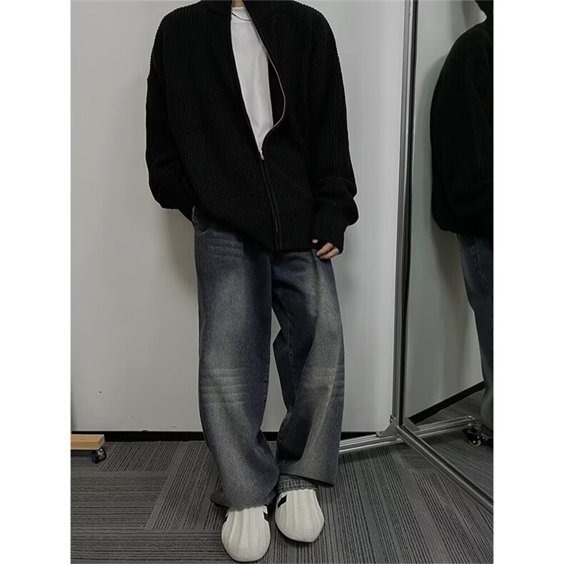 抖音得物保暖立领拉链针织外套秋冬宽松慵懒风纯色毛衣上衣AM02,男装针织衫/毛衣,电商A443