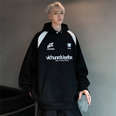 美式复古印花解构拼接连帽卫衣男女宽松百搭帽衫W91-P78，男装卫衣，电商C307