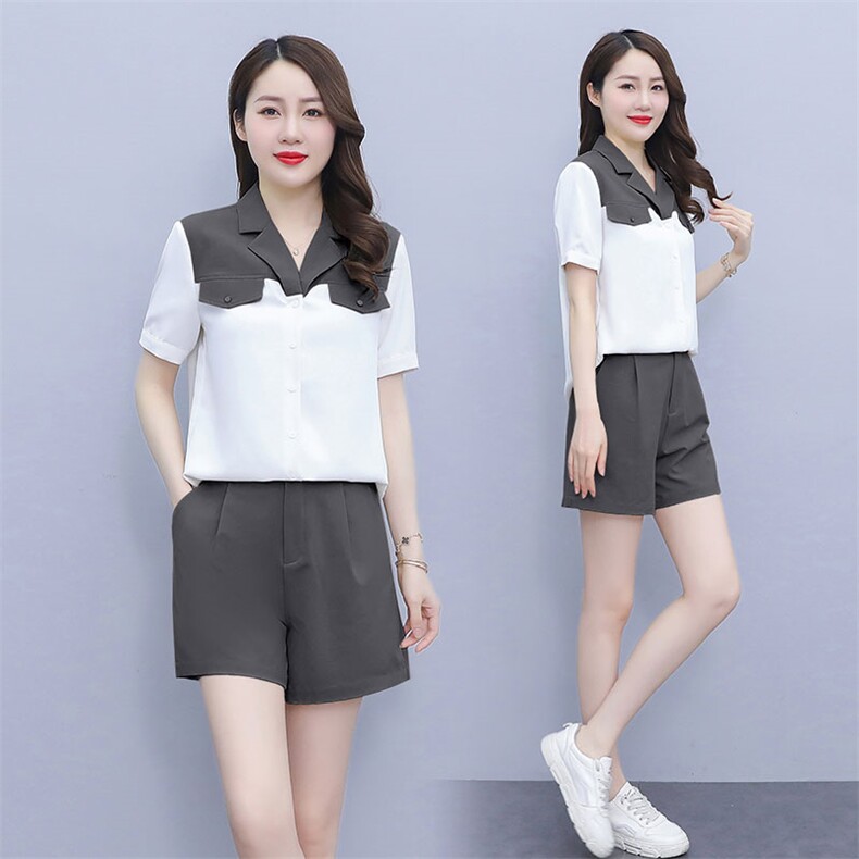 两件套2023夏季新款质感撞色拼接衬衫裤子套装女,女装套装/套裙,雅佳俏