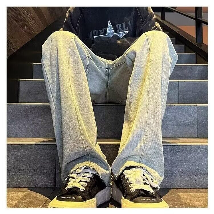 春秋新款潮牌欧美街头水洗做旧牛仔裤男毛边拼接设计感裤N003/P40,男装牛仔裤,星座506
