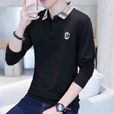 款5655长袖t恤男士薄款春秋季翻领宽松刺绣纯棉打底polo衫，男装T恤，电商D310（原电商305）