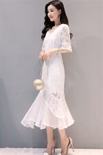 2022夏季新款优雅蕾丝中腰长裙修身显瘦气质红色连衣裙，女装连衣裙，时尚俏佳人