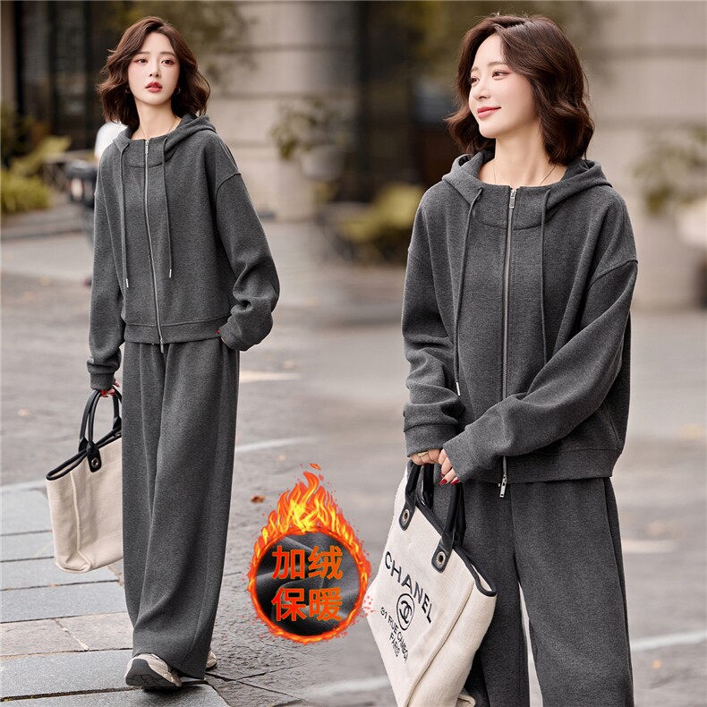 时尚休闲运动套装女2025秋季新款小个子显瘦连帽减龄阔腿裤两件套，女装套装/套裙，关键词