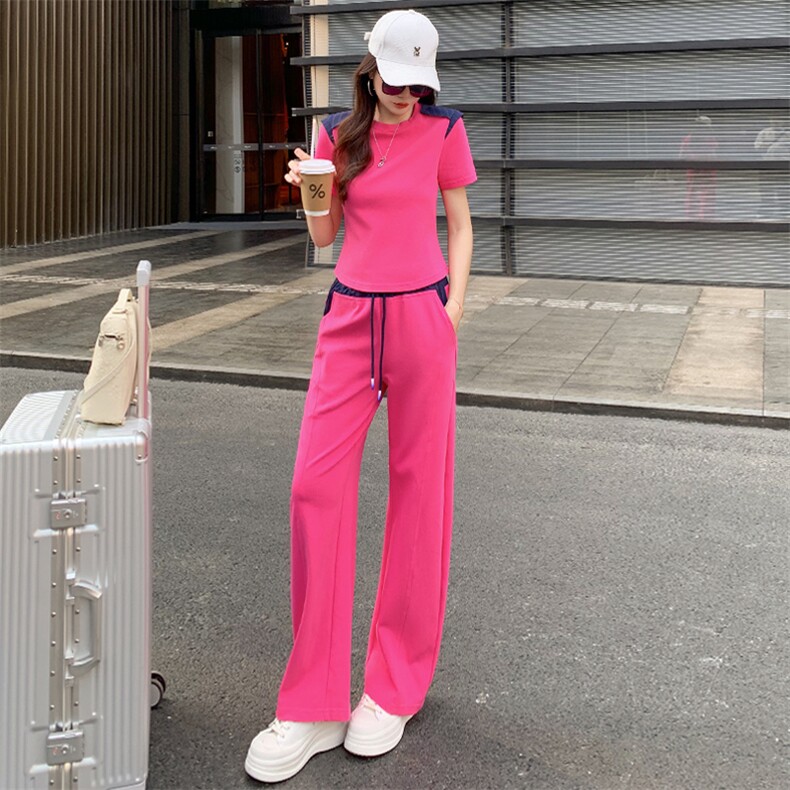 高级感时尚休闲运动套装女夏季洋气显瘦修身上衣高腰阔腿裤两件套,女装套装/套裙,江南