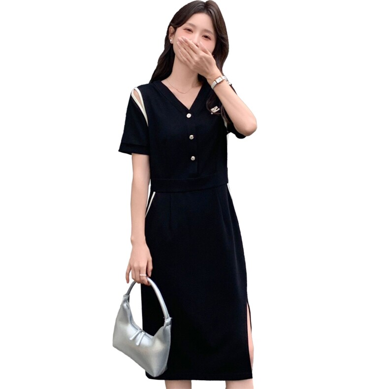2025夏季新款韩版气质修身显瘦短袖连衣裙,女装连衣裙,超帛