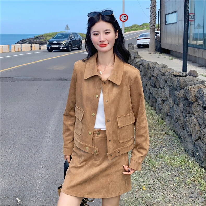 美拉德卡其色夹克外套半身裙套装两件套女2025春秋新款韩系小个子,女装套装/套裙,2C271